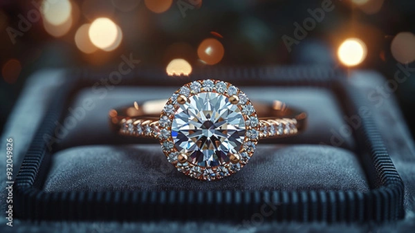 Obraz Exquisite engagement ring shining against a glamorous, glittering light setting