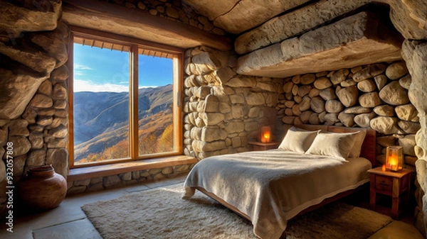 Obraz Imagine a cozy cave room carved into a mountainside ai photo