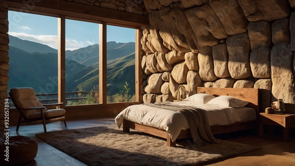 Obraz Imagine a cozy cave room carved into a mountainside ai photo