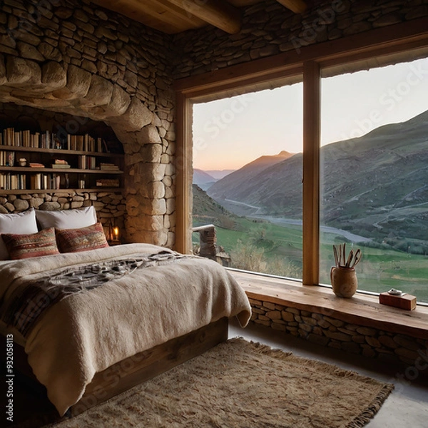 Obraz Imagine a cozy cave room carved into a mountainside ai photo