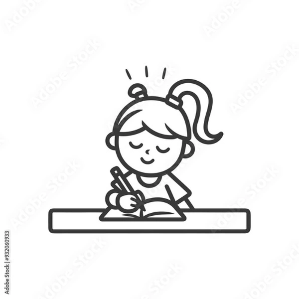 Fototapeta A Girl Sitting At A Desk Writing In A Notebook