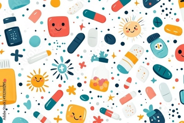 Fototapeta Whimsical pattern of various colorful pills and capsules on a white background symbolizing creativity and diversity in healthcare