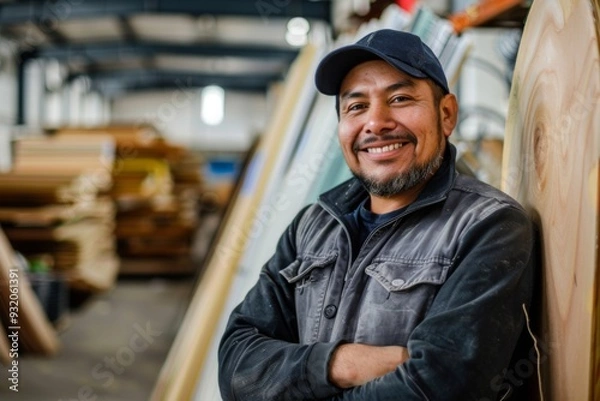 Obraz Portrait of a smiling hispanic male worker in large warehouse
