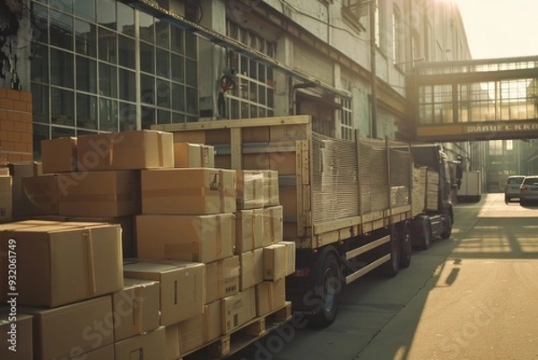 Fototapeta Boxes packed and loaded into large truck outside logistics center