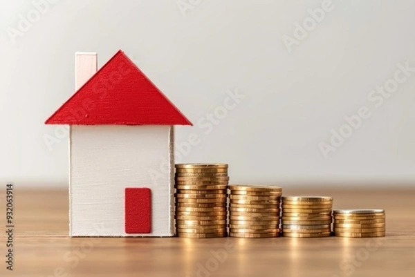 Fototapeta Red graph chart rising up on stack coins and house model on wooden table white wall background