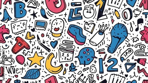 Fototapeta A seamless doodle pattern featuring a chaotic mix of letters and numbers in various playful fonts, scattered randomly across the design, vibrant colors, on a white background,