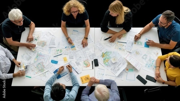 Fototapeta A group of professionals discusses intricate plans and maps around a large table, fostering collaboration in a dynamic workspace filled with papers and technology