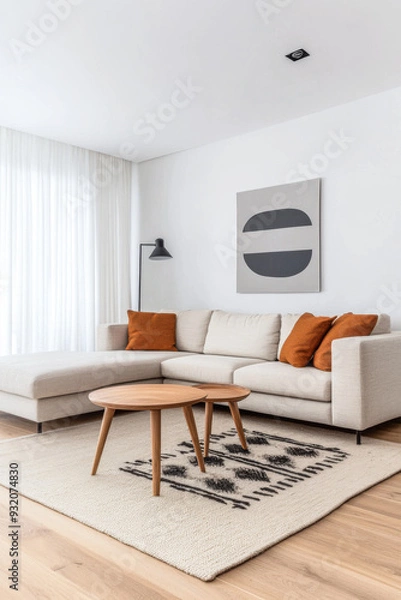 Fototapeta Contemporary living room with earthy orange accents