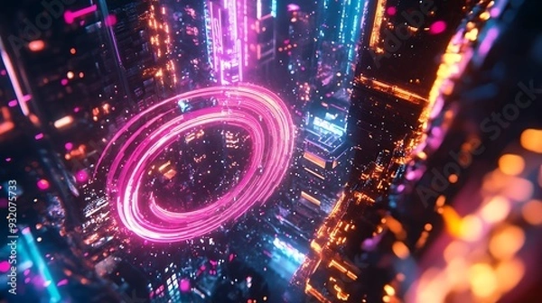 Fototapeta Electrifying Neon Sparks: Futuristic Cityscape with Coiling Wire, Octane Rendering