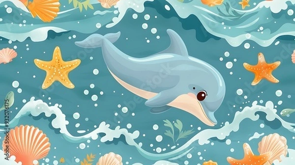 Fototapeta A seamless pattern of cute cartoon dolphins leaping through ocean waves, surrounded by starfish and seashells, vibrant blues and turquoises, detailed water textures, soft sunlight, hd quality,