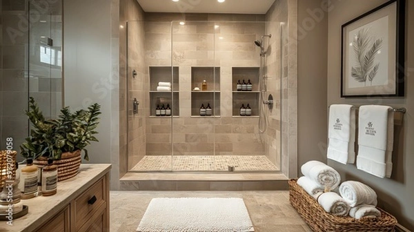 Fototapeta A luxurious, modern bathroom with a large walk-in shower and neatly arranged towels.