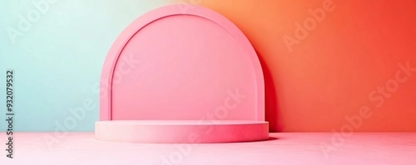 Fototapeta Vibrant pink display podium against a gradient background, ideal for showcasing products in modern photography.