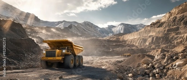 Fototapeta Mining trucks transporting sulfur ore across rugged terrain with a focus on the scale and scope of the operation