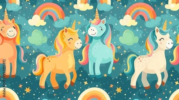 Fototapeta A seamless pattern of magical cartoon unicorns and rainbows, prancing in a starry sky with clouds and sparkles, pastel colors, flowing manes, light gradients, hd quality, natural look.