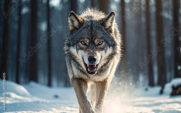 Obraz Portrait of an angry wolf in a winter forest