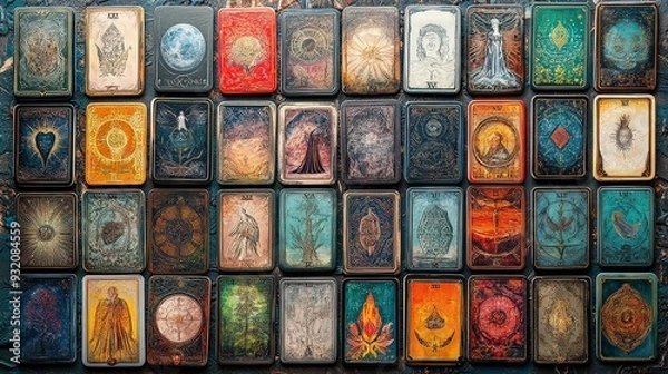 Fototapeta detailed image of tarot cards arranged in a pattern, with visible symbols and imagery representing various archetypes and meanings