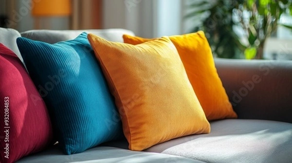 Fototapeta Lively, colorful pillows adorn a contemporary gray sofa in a sunlit living room, enhancing the space with a cozy and inviting feel
