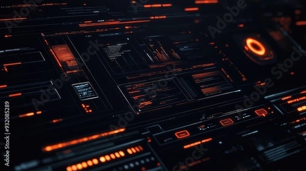 Fototapeta Black digital interface with abstract, tech-inspired design elements and glowing lines, modern and sleek.