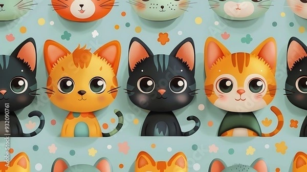 Fototapeta A seamless pattern of whimsical cartoon cats and dogs, dressed in quirky outfits and playing with toys, vibrant colors, detailed fur textures, playful expressions, soft shadows, hd quality,