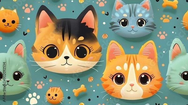 Fototapeta A seamless pattern of adorable cartoon cats and dogs, surrounded by playful bones, yarn balls, and paw prints, vibrant colors, detailed fur textures, hd quality, natural look. --ar 16:9 --v 6.