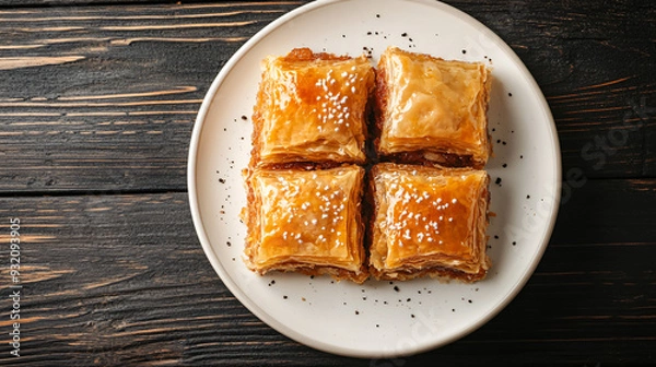 Fototapeta Delicious baklava arranged on a white plate, set on a dark wooden table, creating an irresistible dessert