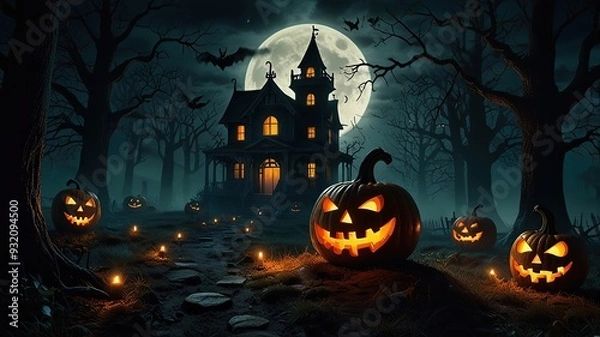 Fototapeta Halloween pumpkin glows spooky night evil forest terrified faces generated by artificial intelligence