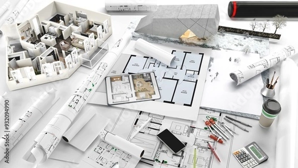 Fototapeta 3D rendering of a apartment architectural model with blueprints, elevation , drawing , floor plan ,interior design plan other documents