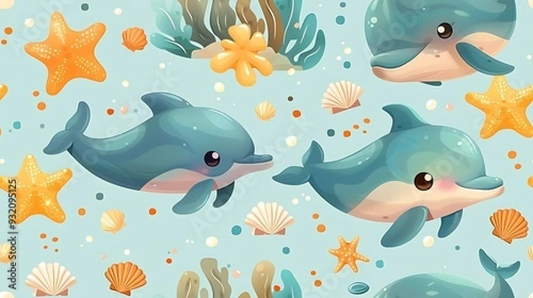 Fototapeta A seamless pattern of charming cartoon dolphins and starfish leaping through waves, with coral reefs and seashells in the background, vibrant ocean colors, detailed textures, soft shadows, hd quality,