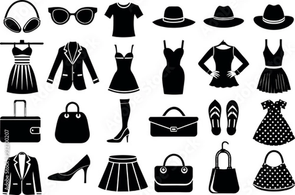 Obraz Fashion & Accessories related concept such as Dress, high heels, hat, sunglasses & many more editable stroke outline icons isolated on white background flat vector illustration