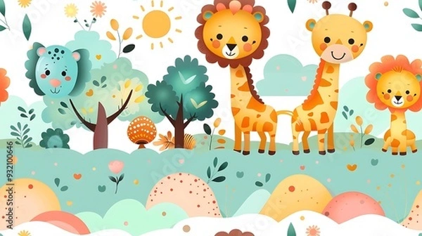 Fototapeta A seamless pattern of cute cartoon lions, giraffes, and elephants exploring the sunlit savannah, surrounded by acacia trees and rolling hills, rich colors, soft sunlight, hd quality, natural look.