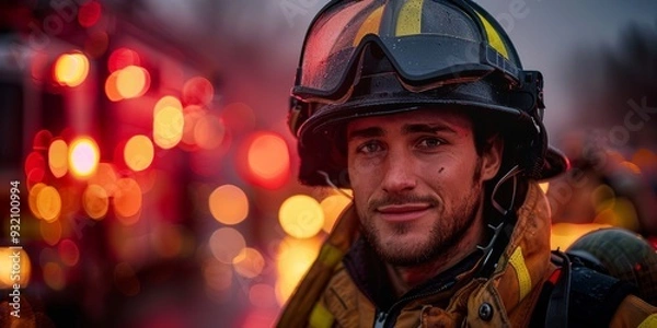 Fototapeta Firefighter Portrait with Bokeh Lights
