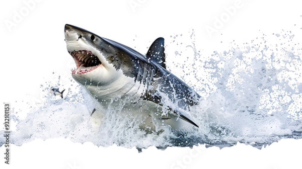 Fototapeta Great white shark breaching the water surface to catch a seal, white background for clipping