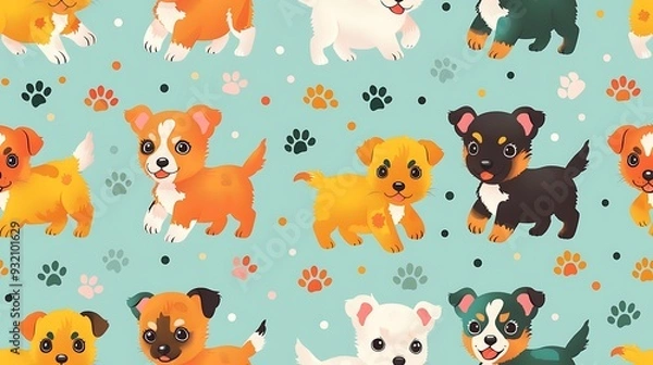 Fototapeta A seamless pattern of cute cartoon puppies of different breeds, running and jumping, surrounded by playful paw prints, bright and playful colors, detailed textures, hd quality, natural look.