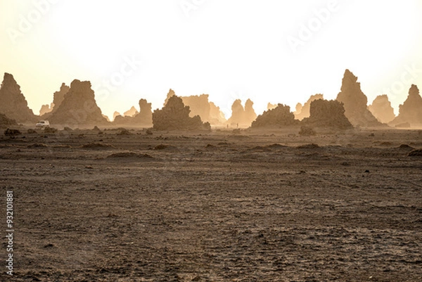 Fototapeta Moon landscape of limestone chimneys geological rock formations in a sunset rays at the bottom of dried salt lake Abbe, Djibouti