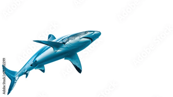 Obraz Shark swimming towards a school of fish in the ocean, white background for clipping