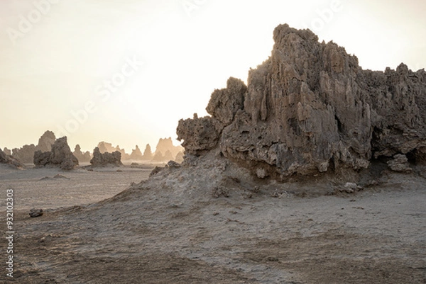 Fototapeta Moon landscape of limestone chimneys geological rock formations in a sunset rays at the bottom of dried salt lake Abbe, Djibouti