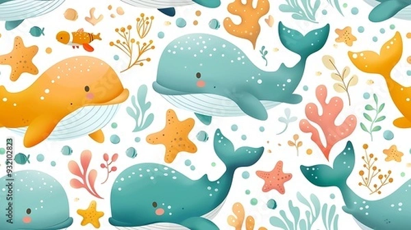 Fototapeta A seamless pattern of cute cartoon whales and starfish swimming through a tropical ocean, with colorful coral and gentle waves, rich ocean tones, soft shadows, hd quality, natural look.