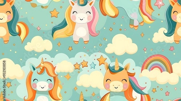 Fototapeta A seamless pattern of magical cartoon unicorns and rainbows, prancing in a sky with sparkling stars and clouds, pastel colors, gentle gradients, hd quality, natural look. --ar 16:9 --v 6.
