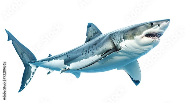 Obraz Great white shark swimming menacingly towards the camera, white background for clipping