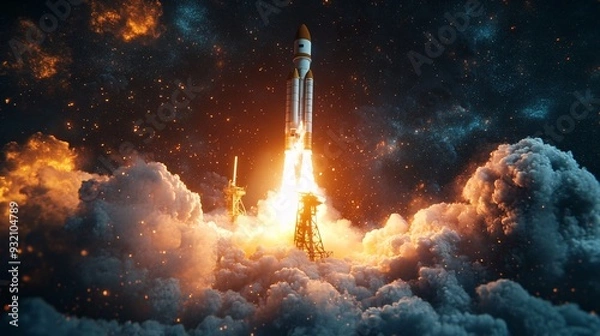 Obraz Cutting-edge technology launch, 3D render of a space rocket taking off, highlighting the development process with dynamic flames and smoke