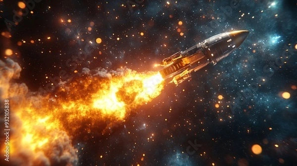 Obraz Futuristic space rocket launch, 3D render emphasizing advanced technology and development, with detailed rocket and vibrant blast effects