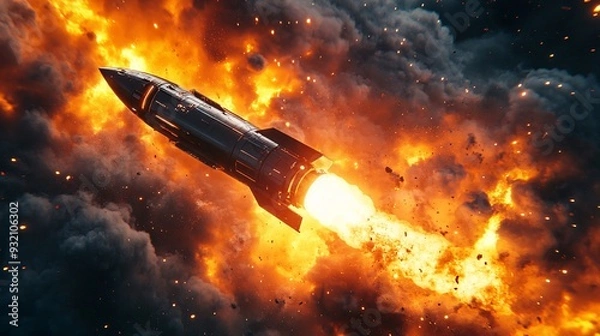 Obraz Futuristic space rocket launch, 3D render emphasizing advanced technology and development, with detailed rocket and vibrant blast effects