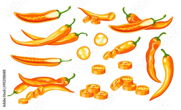 Obraz Set of hot orange chili peppers in cartoon style. Vector illustration of fresh and spicy chili peppers: whole, sliced, halves, with seeds, isolated on white background. Burning. Healthy vegetables.