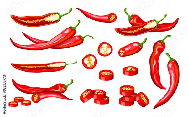 Obraz Set of hot red chili peppers in cartoon style. Vector illustration of fresh and spicy chili pepper: seeds, green stems, sliced, whole, half isolated on white background. Paprika. Useful vegetables.