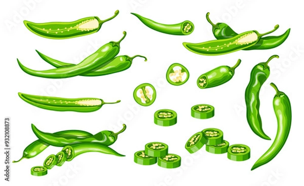 Obraz Set of hot green chili peppers in cartoon style. Vector illustration of fresh and spicy chili peppers: whole, sliced, halves, with seeds isolated on white background. Healthy vegetables. Burning.