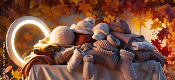 Fototapeta a stack of sweaters, hats and shoes, winter clothes. autumn background of yellow leaves