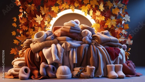 Fototapeta a stack of sweaters, hats and shoes, winter clothes. autumn background of yellow leaves