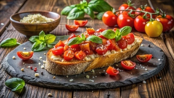 Obraz Freshly toasted Italian bread slice topped with diced vine-ripened tomatoes, fragrant basil leaves, and a sprinkle of Parmesan cheese, surrounded by rustic kitchen utensils.