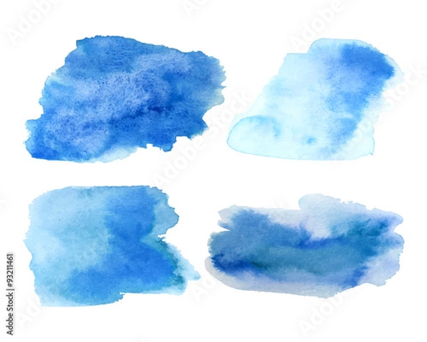 Fototapeta Set of light blue and celadon ink stains in watercolor style isolated on white. Vector.