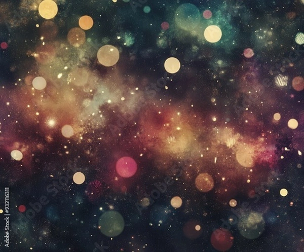 Fototapeta Colorful cosmic background with glowing orbs and starry texture
